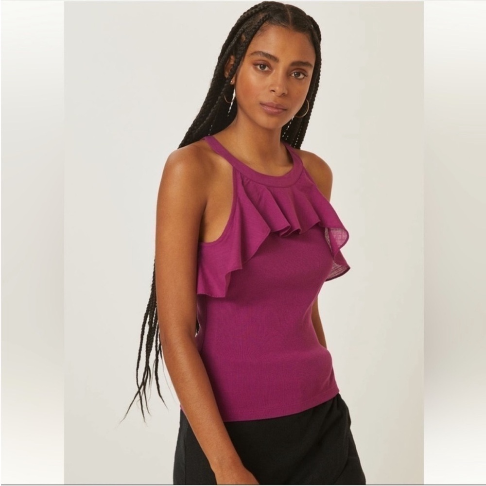 Maeve by Anthropologie Ruffled Rib Halter Tank Top Fuchsia Pink